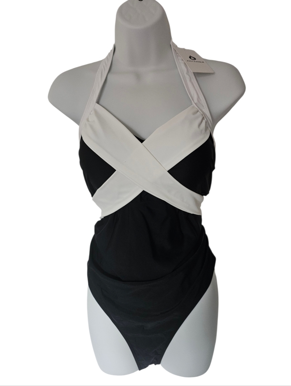 Women’s Black and White Crisscross Halter One-Piece Swimsuit